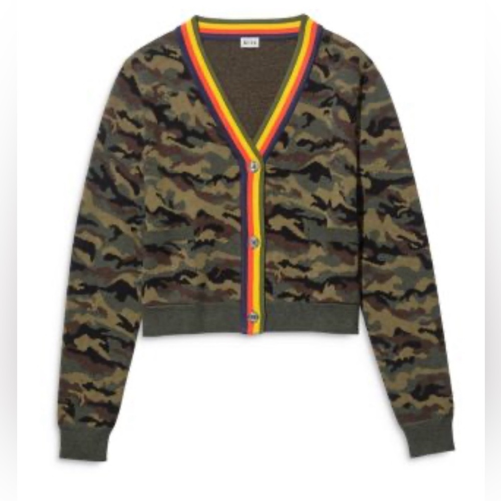 KULE Jane Olive Camo V-Neck Cardigan with Rainbow Trim